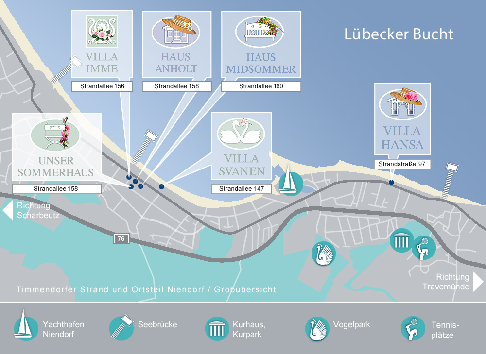 Kartenausschnitt von Timmendorfer Strand mit Standorten der 6 Ferienhäuser 